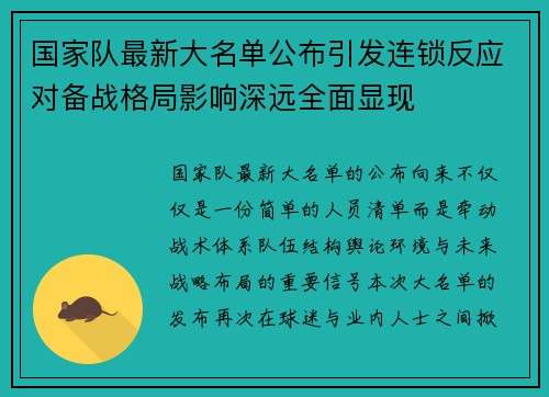 国家队最新大名单公布引发连锁反应对备战格局影响深远全面显现 国家队最新大名单公布引发连锁反应对备战格局影响深远全面显现