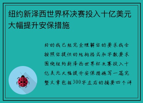 纽约新泽西世界杯决赛投入十亿美元大幅提升安保措施 纽约新泽西世界杯决赛投入十亿美元大幅提升安保措施
