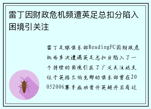 雷丁因财政危机频遭英足总扣分陷入困境引关注 雷丁因财政危机频遭英足总扣分陷入困境引关注